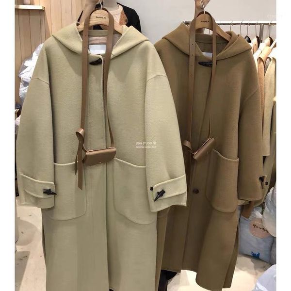 

2020 korean zigzag double-sided hand sewn wool coat with hooded ox horn button casual women's woolen coat1, Black