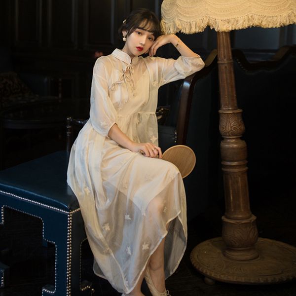 

national style embroidery daily loose modified hanfu dress, Black;white