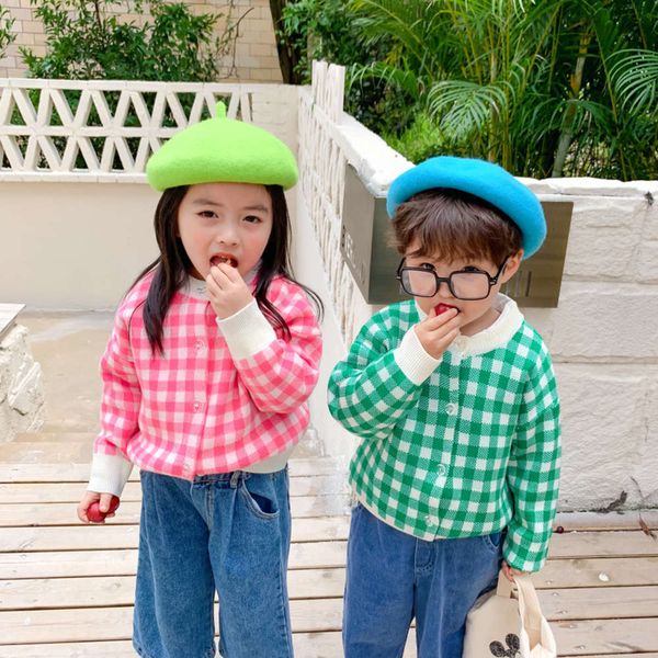 

girls' autumn plaid 2020 korean boys and sweater children's short cardigan coat, Blue