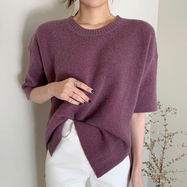 

ewq] 2021 spring jumper female thin casual round neck solid color pleated short sleeve minimalist pullover knit t-shirt 8y052, White