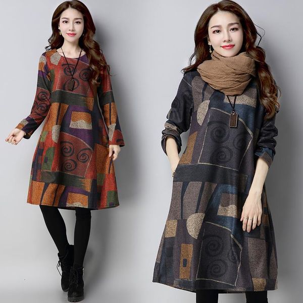 

autumn winter ethnic woolen long sleeve o-neck women dress graffiti patchwork casual loose midi dress vestido mujer, Black;gray