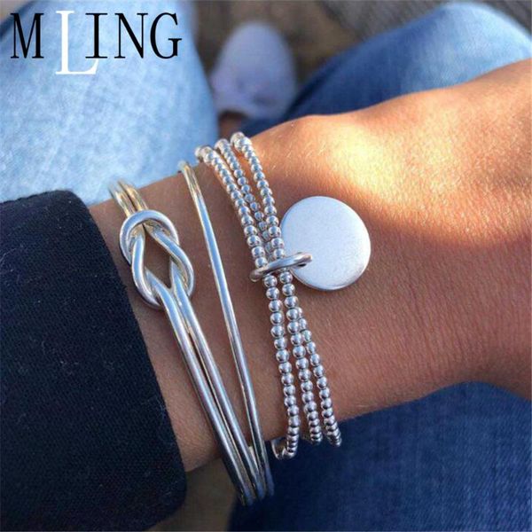 

charm bracelets mling 3pcs/set fashion beads bracelet set vintage circle 8 characters for women, Golden;silver