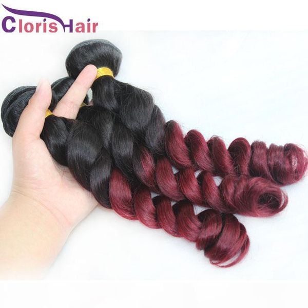 

ombre raw indian hair loose curly wave human hair weave bundles 1b 99j burgundy two tone ombre hair extensions 3pcs, Black
