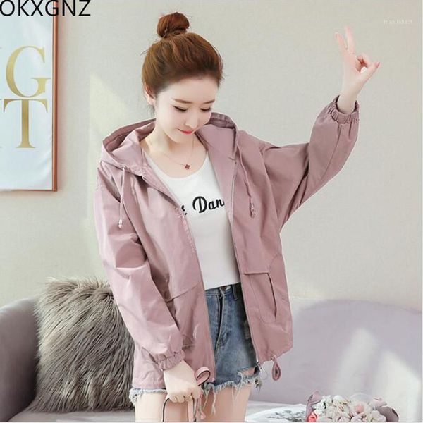 

women's spring autumn short trench 2020 new student hooded casual small windbreaker harajuku loose female coat plus size a3281, Tan;black