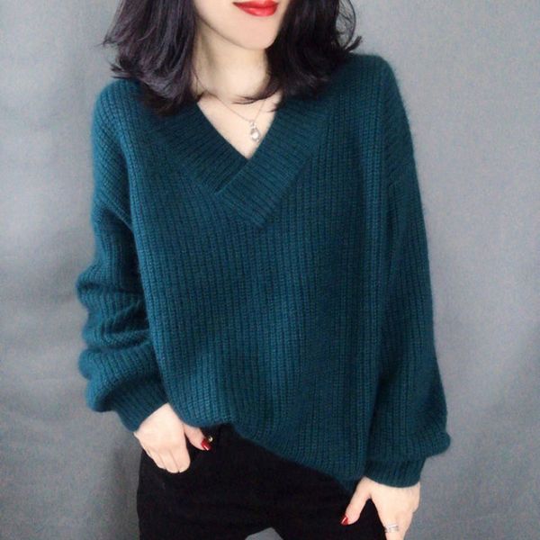 

2021 new winter fall fashion with low-necked woman long-sleeve mohair hair loose sweater-vest thick sweater-knit warm sweater 14ya, White;black