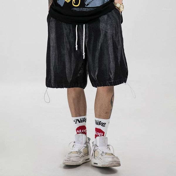 

men's jeans male streetwear hip hop vintage fashion shorts men's summer drawstring loose casual washed denim wide leg cargo shorts, Blue