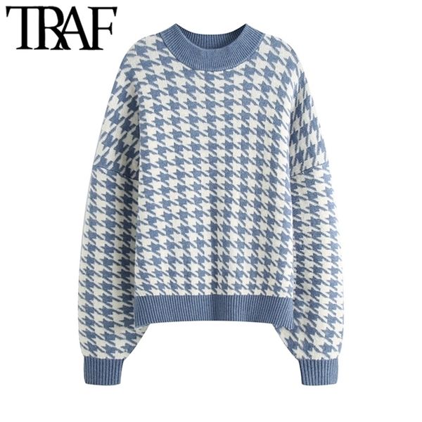 

traf women fashion oversized jumper houndstooth knitted sweaters vintage long sleeve loose female pullovers chic 201221, White;black