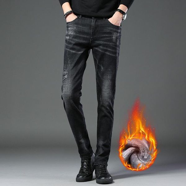 

men's jeans 2021 casual business plus velvet thick high quality, Blue