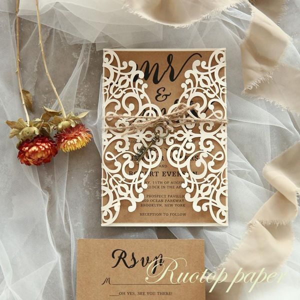 

100pcs laser cut wedding invitations cards the key wedding bridal shower gift greeting card kits event party supplies decoration