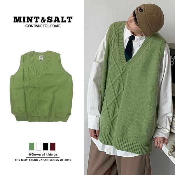 

men's vests korean sweater vest fashion solid color v-neck knitted pullover men streetwear loose autumn knitting sweaters mens, Black;white