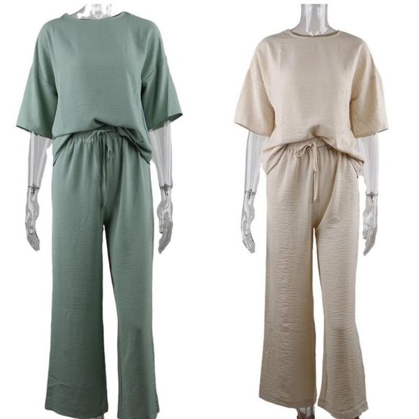 

nadafair women set casual loose t-shirt and high waist wide straight pant two pieces one kit pure outfit home suit f sqchit, White