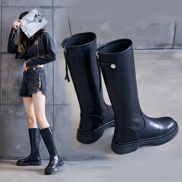 

leather rider boots fall 2021 new rear zipper stretch boots with velvet thigh-high, Black