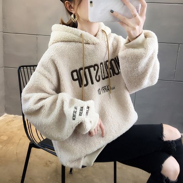 

p3khw осень и зима капюшон ягненка мехового свитера бф корейски свободный пуловер пуловер sweatertop sweaterletter вышитую флис утолщенным, Black