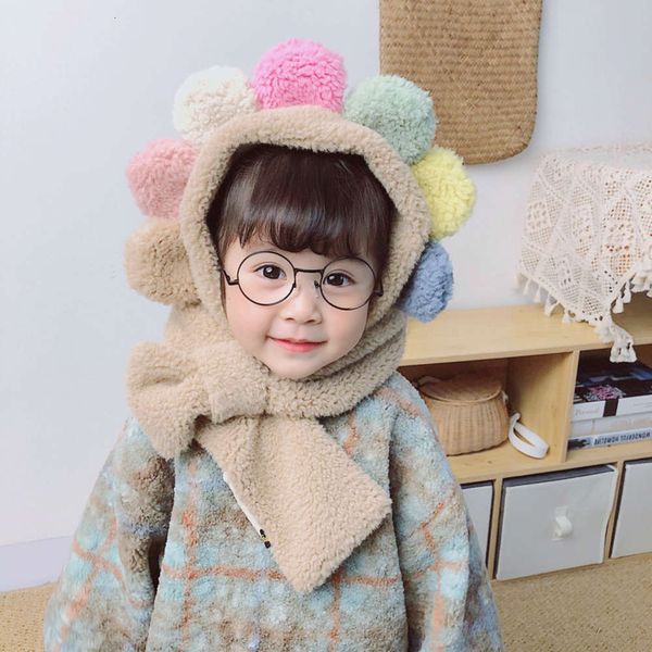 

men's korean children's plush winter new and women's net safflower petal one hat scarf for children, Red;brown