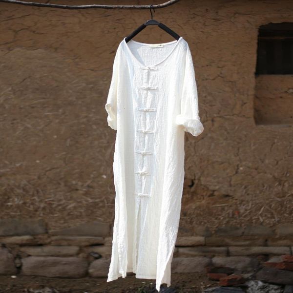 

johnature long shirt 2020 new women summer vintage thin solid o-neck loose chinese style seven sleeve cotton linen blouse casual, White