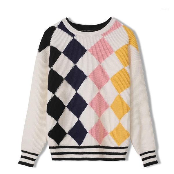 

artsy fashion style female plaid sweaters lozenge jacquard fall women clothing beige assorted colors pullover girl knit jumpers1, White;black