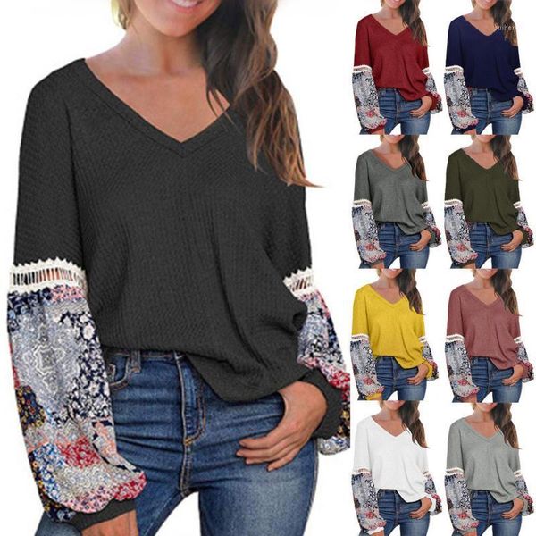 

vintage blouse women printing v-neck bubble sleeve long sleeve shirts blouses casual colors 11 plus size women clothes1, White