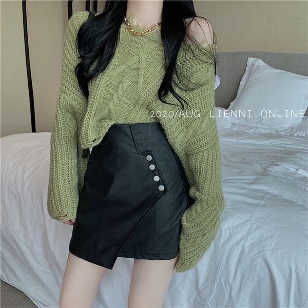 

2020 autumn new off shoulder long sleeve knitted sweater + hip covering pu leather short skirt two piece set fashion suit for women