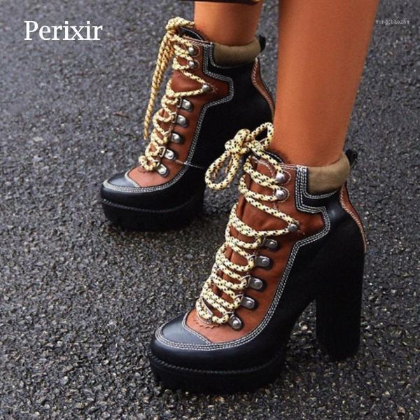 

boots 2021 spring autumn fashion platform ankle women 12cm thick heel ladies worker black brown shoes1