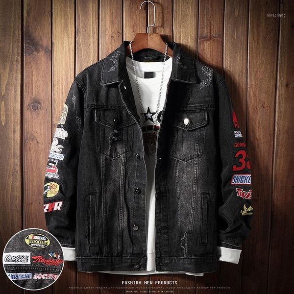 

men's jackets yasuguoji men's letters patch design painted denim jacket slim fit skull badge patchwork long sleeve jean men outerw, Black;brown