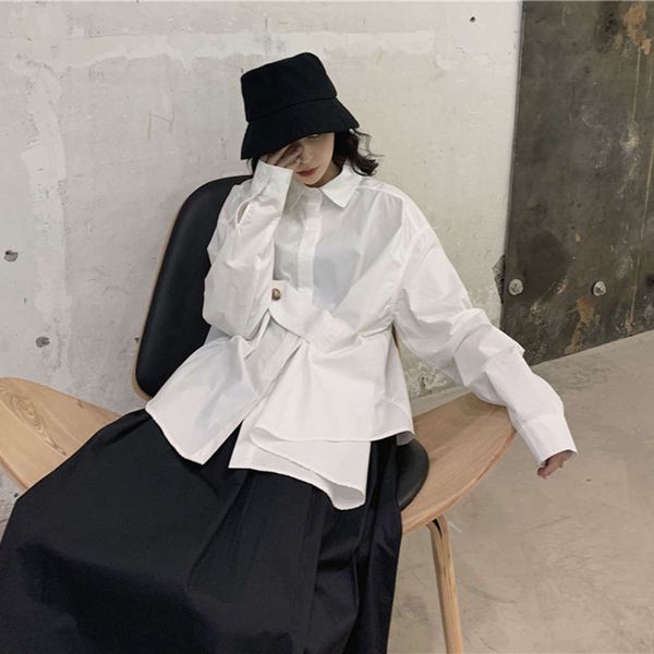 

back to autumn irregular xiashanben dark niche dign loose long sleeve white shirt personalized top