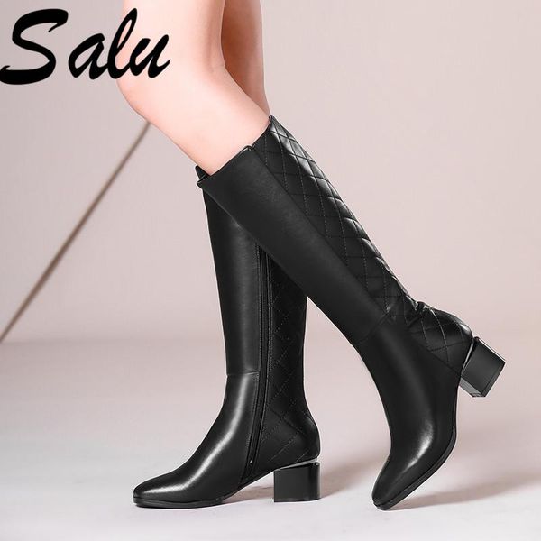 

salu the knee boots female genuine leather heels black thigh high boots round toe autumn winter women shoes size 11 12