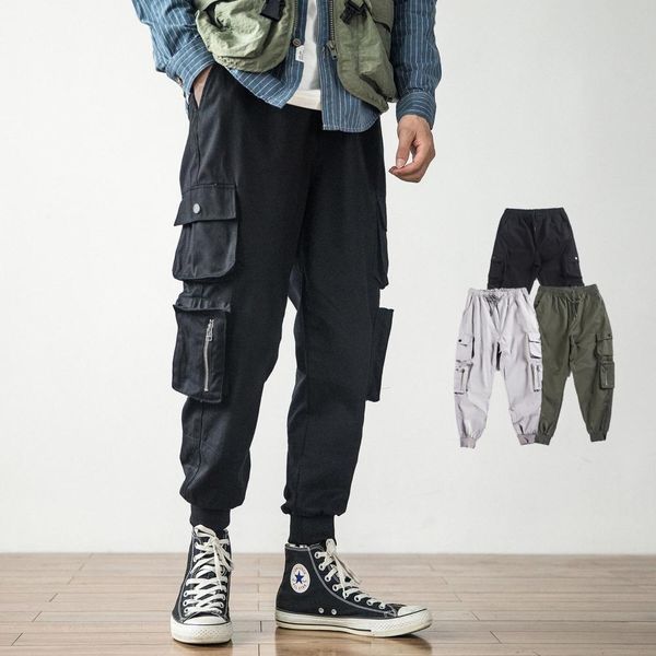 

cargo pants men streetwear hip hop pocket loose joggers elastic waist plus size ankle length trousers, Black