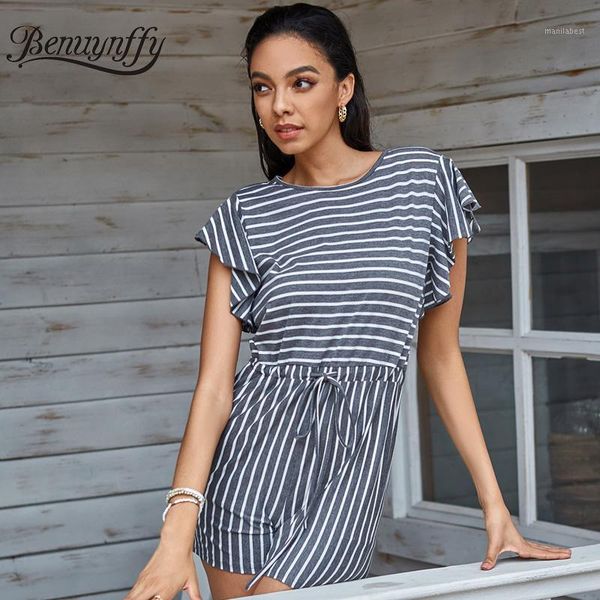 

benuynffy gray drawstring waist striped romper women summer round neck ruffle sleeve cutout back tie casual ladies playsuits1, Black;white