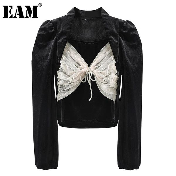 

women's blouses & shirts [eam] women mesh bow velvet spliced blouse square collar puff sleeve loose fit shirt fashion tide spring autum, White