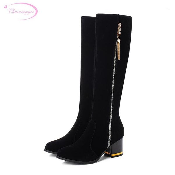 

boots party style round toe flock knee-high fashion rhinestone chain zipper high-heeled chunky riding women's shoes1, Black