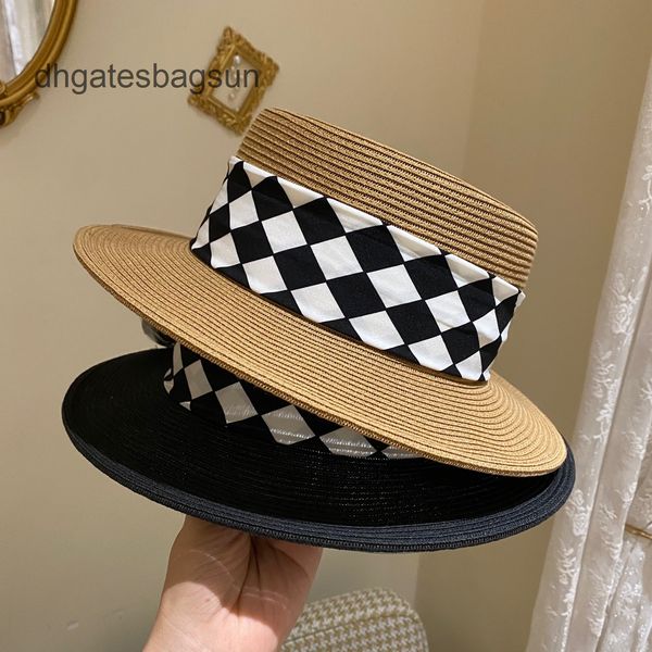 

brand cap carves straw hat female summer british black white checkered flat beach hat sunscreen sunshade net red, Blue;gray