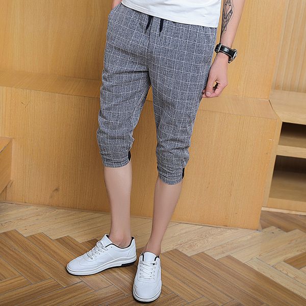 

summer thin korean slim plaid capris shorts student trend men's pants, White;black