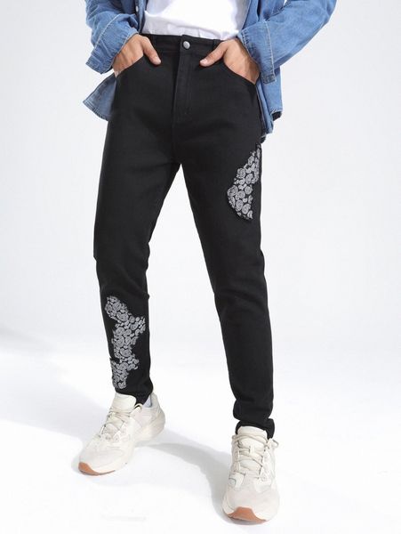 

men paisley patch detail jeans r9bj#, Blue