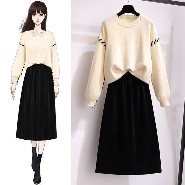 

autumn winter two peice set women loose korean fashion drawstring pullover long sleeve sweater black elastic waist midi skirt1, Gray