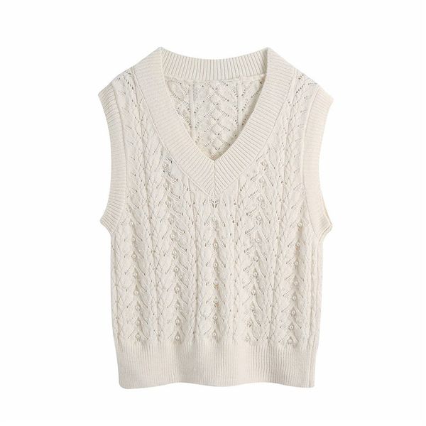 

2021 new elegant women sweet pearl sweaters vest fashion ladies v-neck knitted streetwear female hollow out pullover 9yyd, White;black
