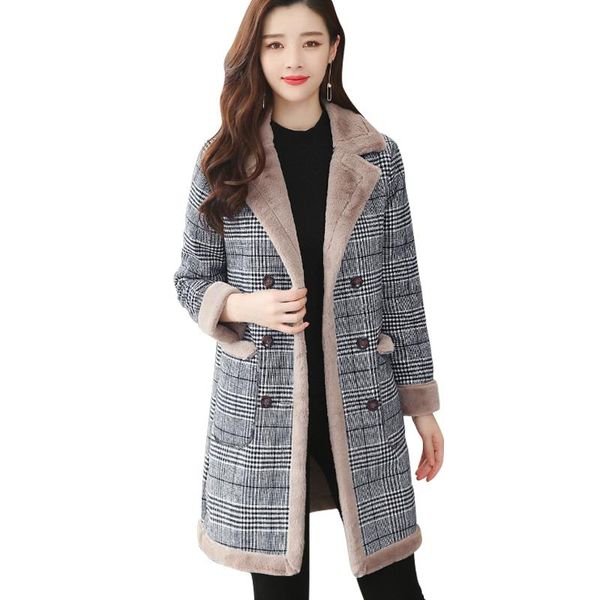 

new women's coat winter 2020 fashion elrgant plaid jacket thicken plus velvet warm outerwear long wool blends coat female, Black