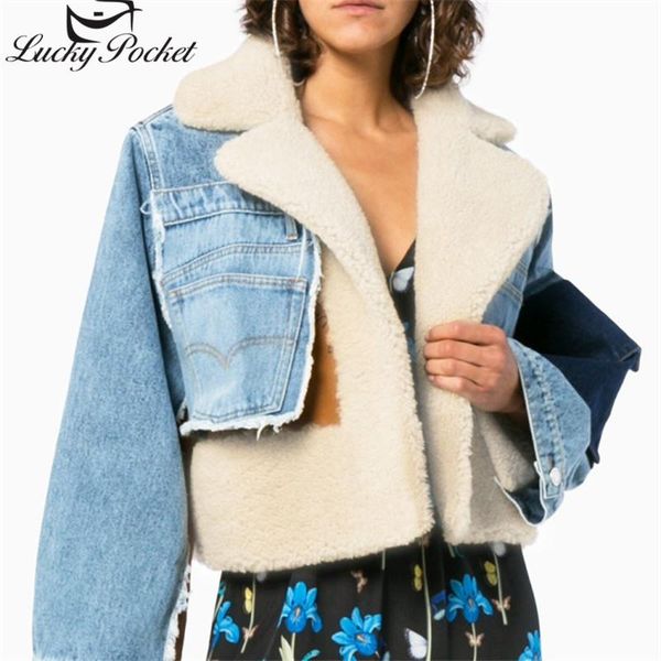 

new women autumn winter blue patchwork denim lamb fur coats ladies plus size outerwears female brand casual thick parkas zm755, Black