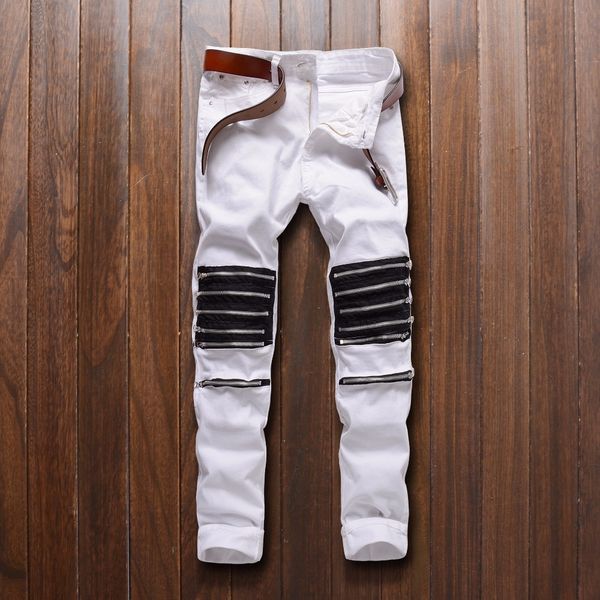

2020 nightclub barber dance dedicated man multi zipper white/red knee hole cut bad elastic casual pants jeans men, Blue