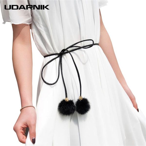 

women thin waist chain 150cm length sweater dress fluffy ball pu waistband faux fur belt 10 colors novelty belts 038-928, Black;brown
