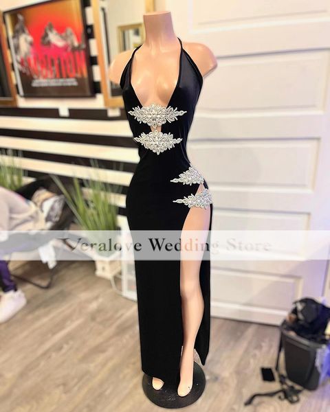 

black dress for african v neck slit beads crystal prom dresses mermaid red carpet evening party gowns
