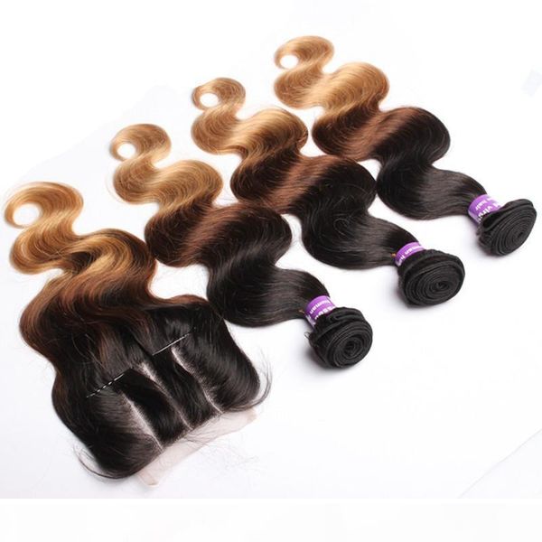 

1b 4 27 three tone ombre brazilian human hair with closure body wave brazilian ombre virgin hair 3bundles with lace closure 4pcs lot, Black