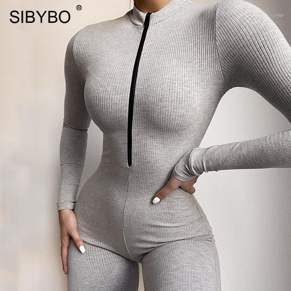 

sibybo ribbed sport wear casual playsuits womens jumpsuit long sleeve zipper summer women rompers short women jumpsuit1, Black;white