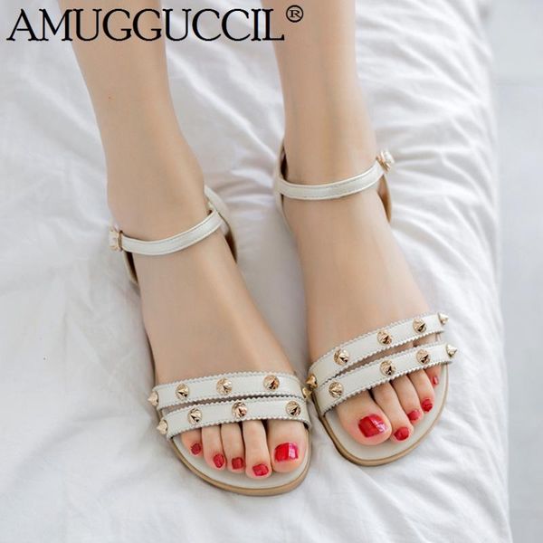 

real leather plus big size 31-46 black white beige buckle fashion girl lady summer women flats sandals l1037