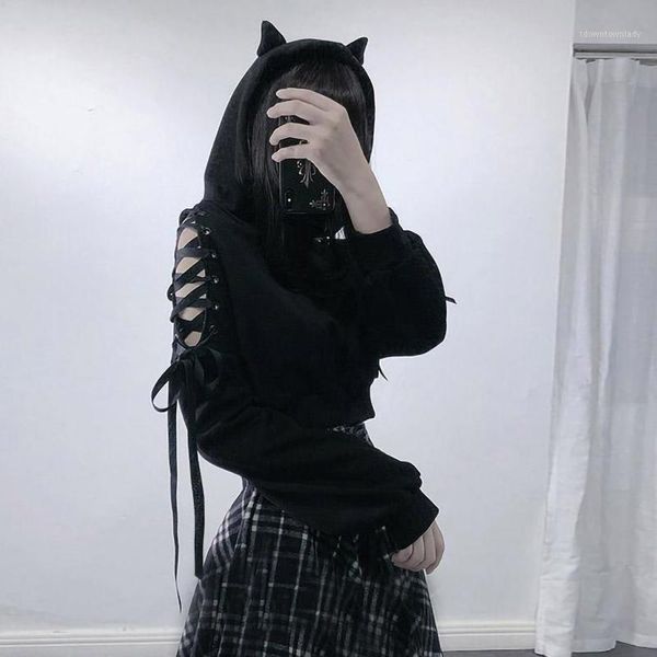 

women's cat ear hoodie pullover long sleeve hooded sweatshirt cute blouse shoulder fashion strap design casual trendy sweatshirt1, Black