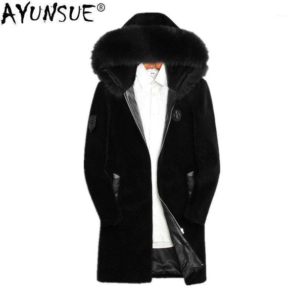 

ayunsue winter jacket men real sheep shearing fur coat real fur collar jackets mens natural wool coats lsy070079 my7301, Black