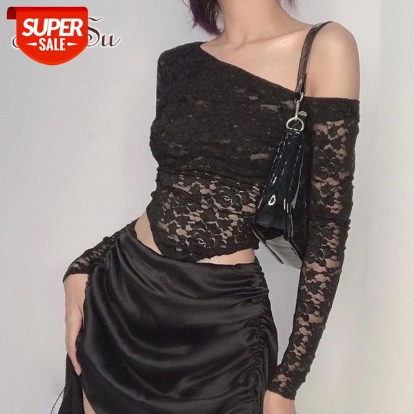 

artsu floral lace gothic crop t-shirts black goth white long sleeve women one shoulder bodycon transparent clothes ts52638 #es0x