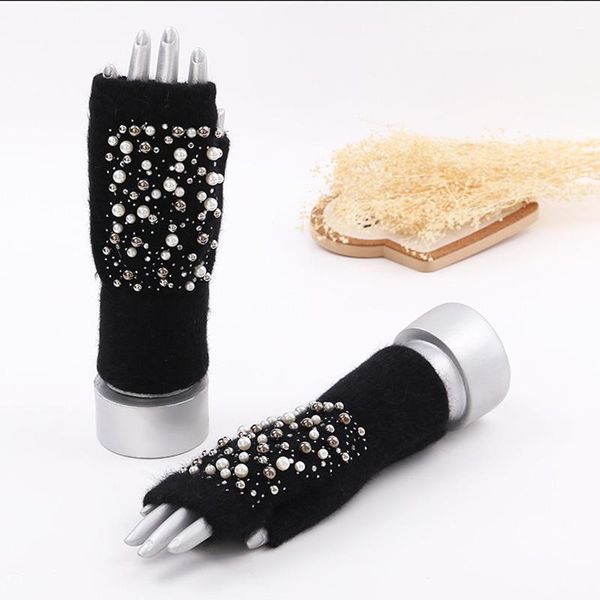 Fünf Finger Handschuhe Fingerlose Frauen Wolle Winter Stricken Fell Perle Perlen Weibliche Herbst Handschuh Halb Finger Warme Strass1