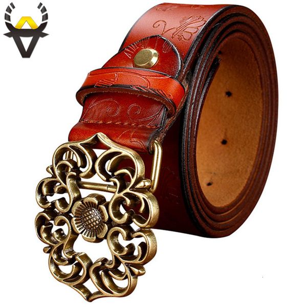 

fashion genuine leather belts for women quality second layer cow skin woman belt vintage floral pin buckle waist strap female cx200722, Black;brown