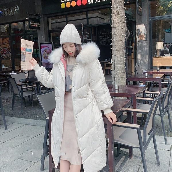 

2019 winter fur hooded collar down padded jacket women ultra light long sleeve outwear coat casual solid long parka1, Black
