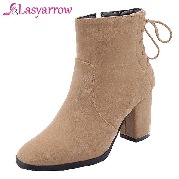 

boots lasyarrow gladiator cross-tied ankle for women chunky heel square toe fashion zipper botas mujer sapatos f787, Black